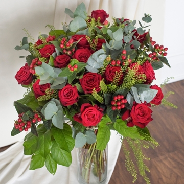 18 Luxury Red Roses With Red Hyperican Berries & Seasonal Foliage
