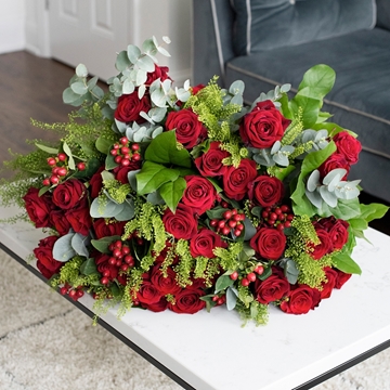 36 Luxury Red Roses With Red Hyperican Berries & Seasonal Foliage 