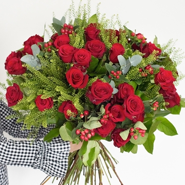 48 Luxury Red Roses With Red Hyperican Berries & Seasonal Foliage 