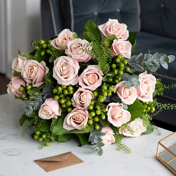 18 Luxury Pink Roses With Green Hyperican Berries & Seasonal Foliage 