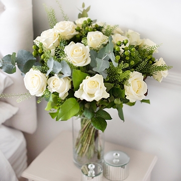 18 Luxury White Roses With Green Hyperican Berries & Seasonal Foliage 